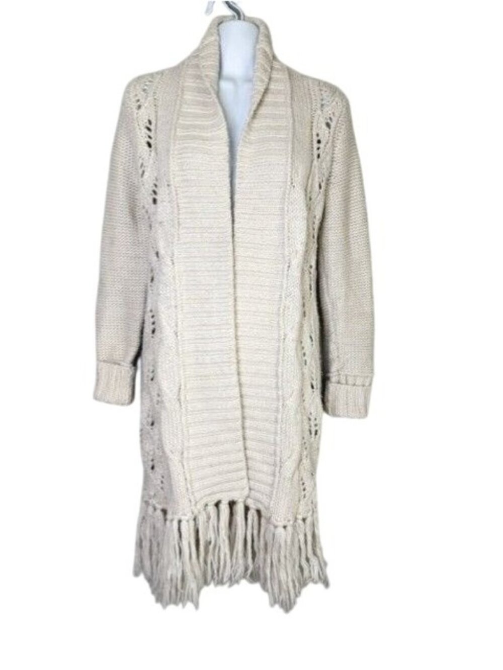 Wool Blend Boho Long Cardigan Sweater American Eagle Small Off White Fringe Cozy